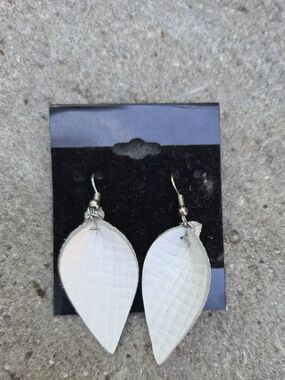 White Leather Leaf Drop Earrings - Women Jewelry